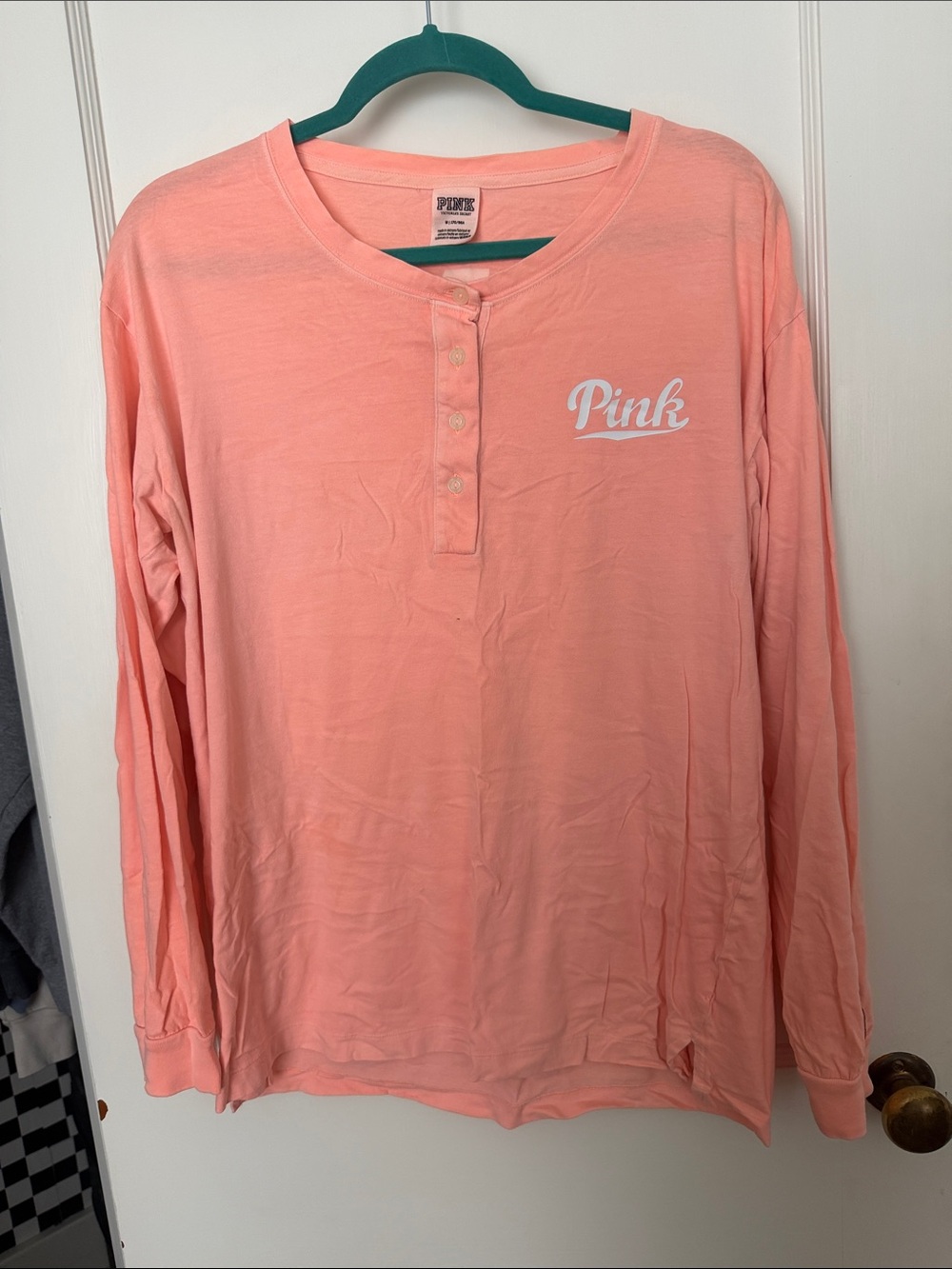 PINK Victoria's Secret Long Sleeve Henley Tee - Peach Pink with White Logo